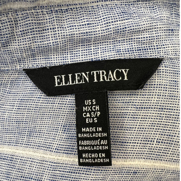 Ellen Tracy S Long Sleeve 100% LINEN Button Up Shirt Blouse Blue White - Picture 5 of 5
